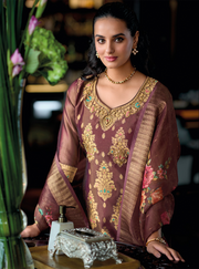 Rich Chocolate Brown Banarasi Kurta with golden motifs and floral dupatta